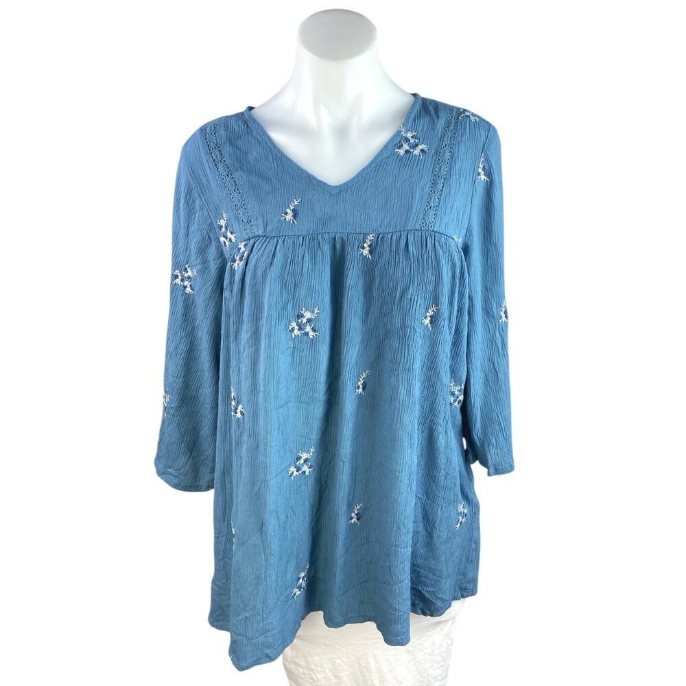 Max Blue Floral Embroidered Crochet Half Sleeve V Neck Babydoll Blouse Top Sz M